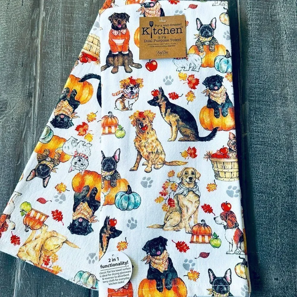 Fall Dogs Autumn Pumpkin Leaves Kitchen Dish Towels Set
